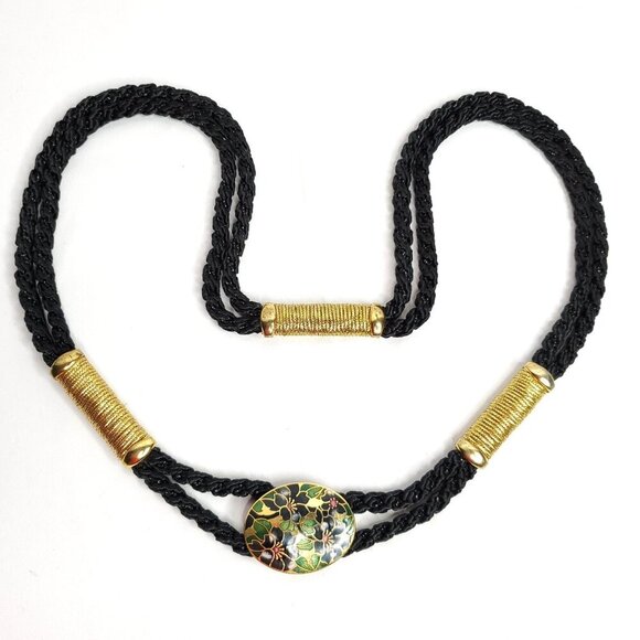 Vintage 80s Floral Cloisonne Belt Buckle Black Goldtone Rope Slide Pendant - Picture 1 of 6